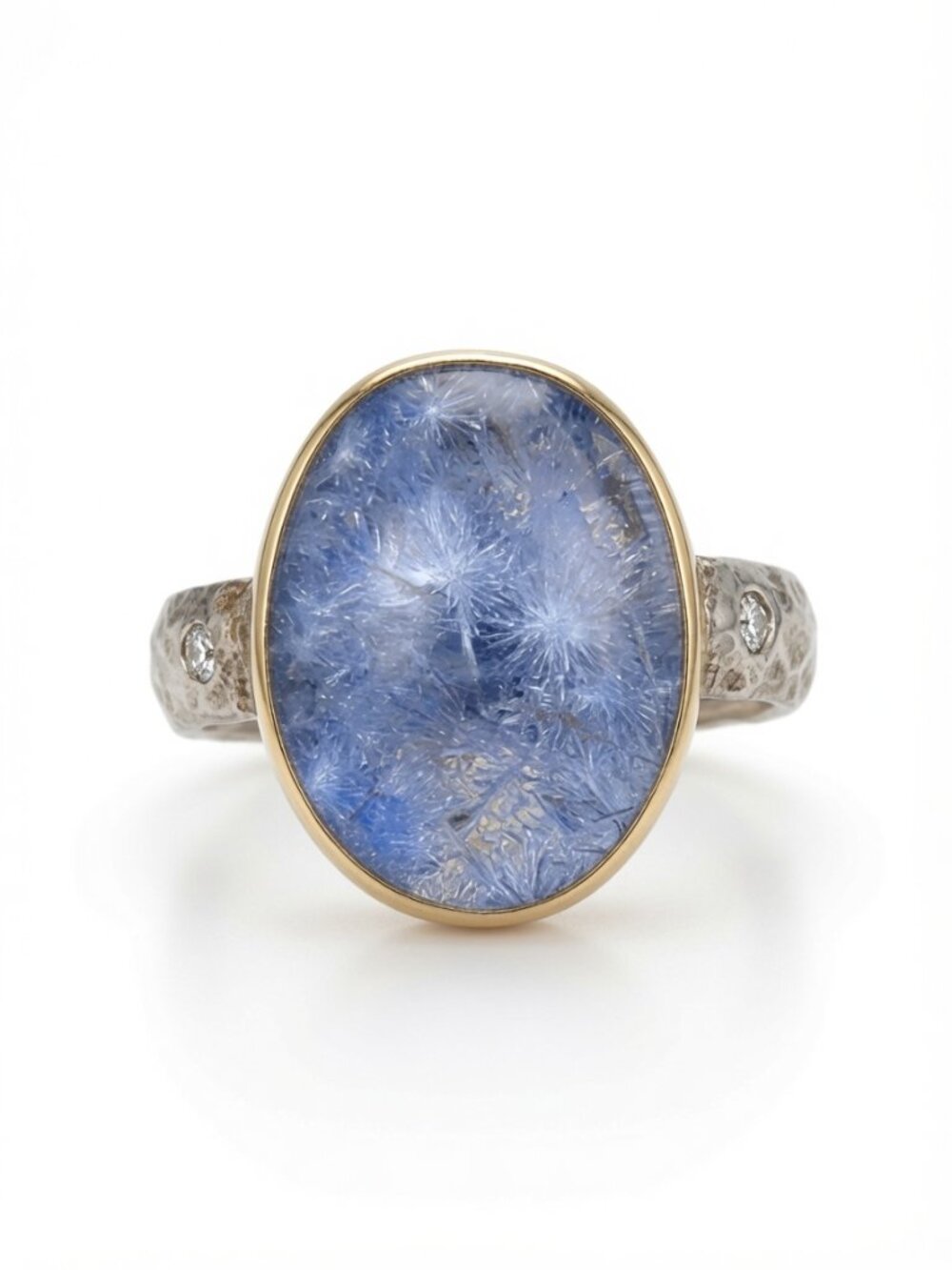 Dumortierite Quartzite and Diamond Size 8 Ring, in 18 Kt Gold / Silver